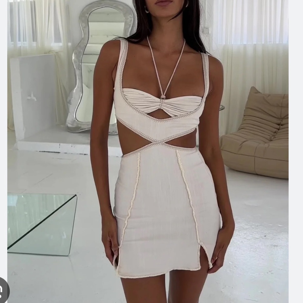Cream Sleeveless Bodycon Dress with Plunge Neckline